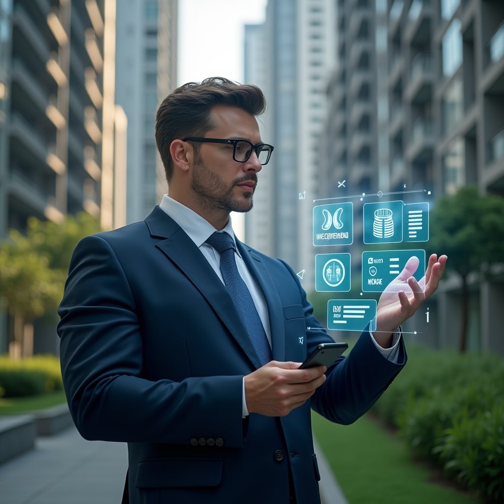 (Ultra-realistic condominium manager in a navy executive suit, set in a modern luxury condominium environment with high-rise buildings and lush green landscaping, holding a holographic interface displaying icons for financial control, messaging, security and booking, confidently analyzing the floating app dashboard, cinematic lighting, shallow depth of field, highly detailed textures, realistic skin, photographic realism, 8k resolution --ar 1:1 --v 6)