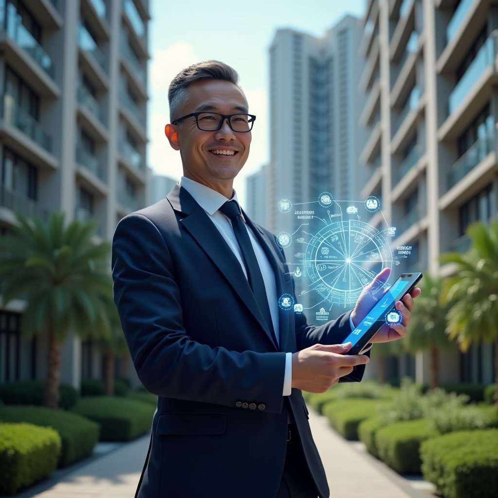 (Ultra-realistic condominium manager in a dark blue tailored suit, set in a modern luxury condominium environment with high-rise buildings and manicured green landscaping, confidently holding a transparent tablet displaying a holographic dashboard with icons for communication, finance, reservations, maintenance and other essential app functions swirling around, cinematic lighting, shallow depth of field, highly detailed textures, realistic skin, photographic realism, 8k resolution --ar 1:1 --v 6)