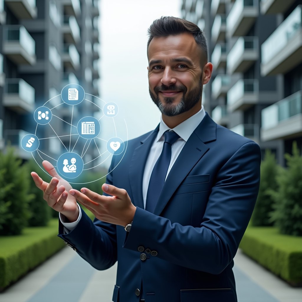 (Ultra-realistic condominium manager in a navy blue suit, set in a modern luxury condominium environment with high-rise buildings and manicured green landscaping, holding and interacting with a holographic interface displaying icons for communication, finance, maintenance and reservations, confident expression, holographic app symbols floating around, cinematic lighting, shallow depth of field, highly detailed textures, realistic skin, photographic realism, 8k resolution --ar 1:1 --v 6)