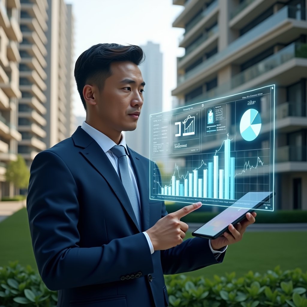 Ultra-realistic condominium manager in a navy blue suit, set in a modern luxury condominium environment with high-rise buildings and meticulously manicured greenery, reviewing a holographic financial dashboard projected from a tablet, confidently pointing to rising bar and pie charts symbolizing budget control, cinematic lighting, shallow depth of field, highly detailed textures, realistic skin, photographic realism, 8k resolution --ar 1:1 --v 6