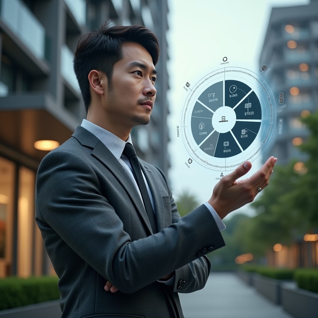 Ultra-realistic condominium manager in a charcoal gray tailored suit, set in a modern luxury condominium environment with high-rise buildings and manicured greenery, examining a floating holographic pie chart that represents unit fractions and cost allocation, projecting symbols of legal scales and currency icons, confident and focused expression, cinematic lighting, shallow depth of field, highly detailed textures, realistic skin, photographic realism, 8k resolution --ar 1:1 --v 6