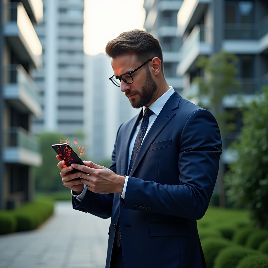 (Ultra-realistic condominium manager in a navy blue suit, set in a modern luxury condominium environment with high-rise buildings and manicured green landscaping, examining a holographic smartphone interface displaying red warning icons and app elements, looking thoughtfully concerned as if diagnosing common management app errors, cinematic lighting, shallow depth of field, highly detailed textures, realistic skin, photographic realism, 8k resolution --ar 1:1 --v 6)