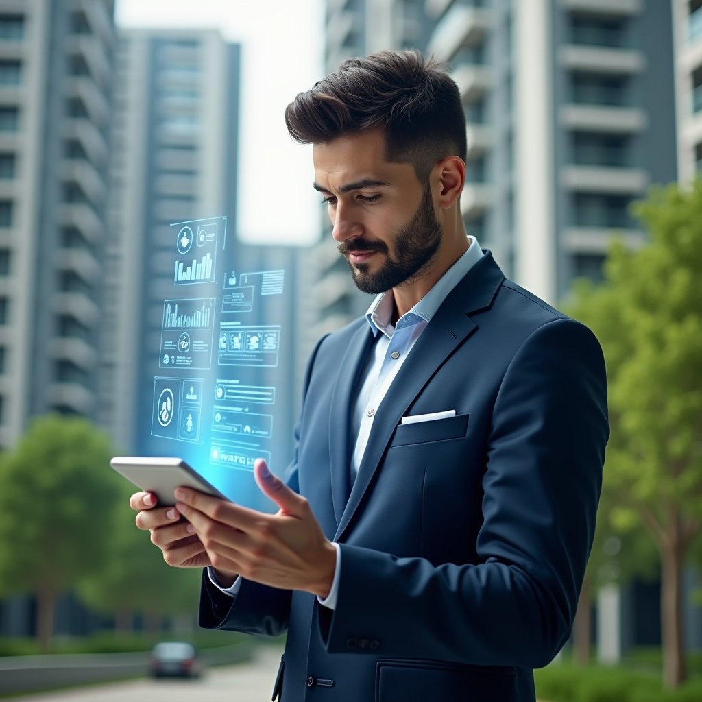 Ultra-realistic corporate property manager in a dark blue tailored suit, set in a modern luxury condominium environment with high-rise buildings and lush green landscaping, analyzing a floating holographic checklist displaying budget charts, communication icons and maintenance schedules, expression focused and confident, cinematic lighting, shallow depth of field, highly detailed textures, realistic skin, photographic realism, 8k resolution --ar 1:1 --v 6