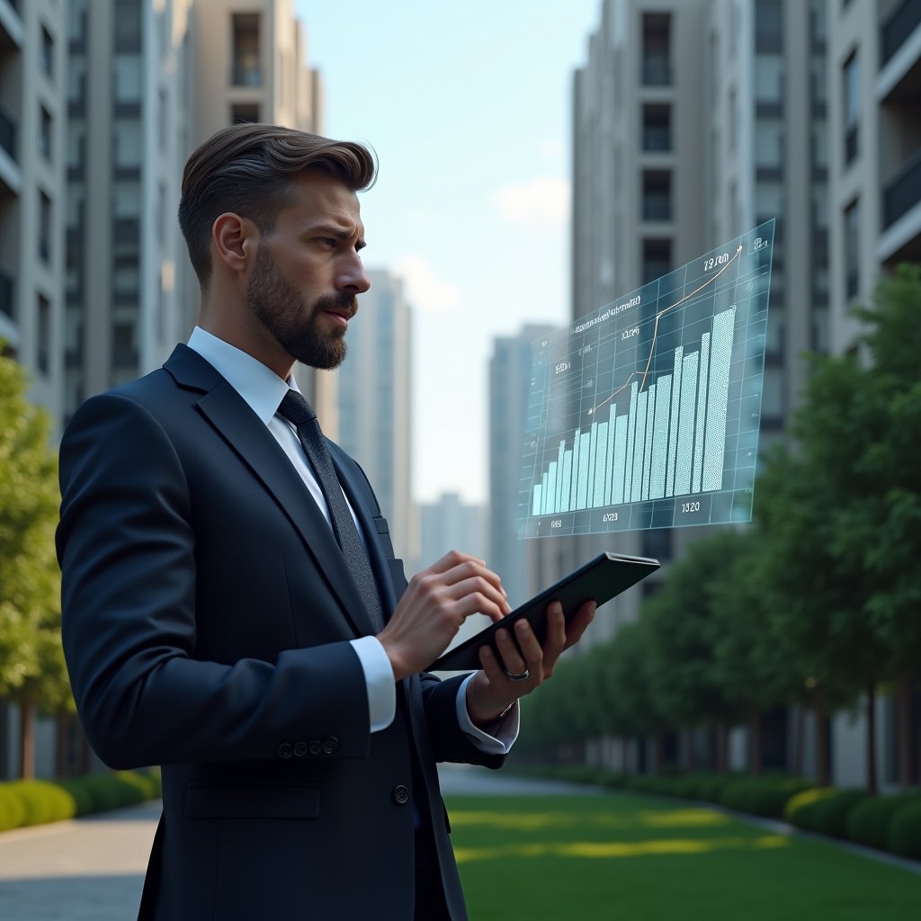 (Ultra-realistic condominium manager in a dark navy tailored suit, set in a modern luxury condominium environment with high-rise buildings and manicured green landscaping, holding a digital tablet and reviewing holographic financial charts, a floating translucent icon of a ledger book symbolizing transparent accounting, cinematic lighting, shallow depth of field, highly detailed textures, realistic skin, photographic realism, 8k resolution --ar 1:1 --v 6)