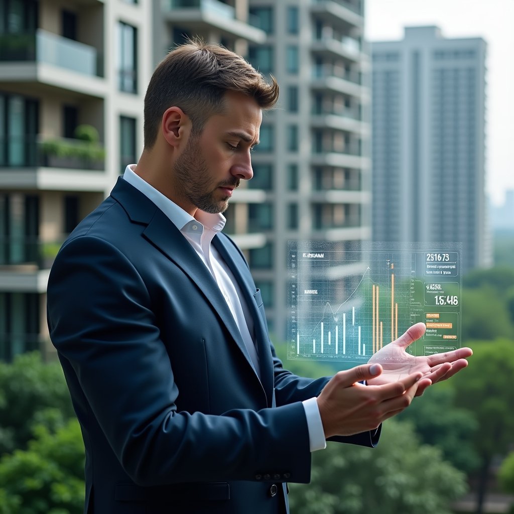 (Ultra-realistic condominium manager in a tailored navy blue suit, set in a modern luxury condominium environment with high-rise buildings and lush green landscaping, reviewing a holographic budget chart with warning icons of cost overruns and protest signs, thoughtful expression, cinematic lighting, shallow depth of field, highly detailed textures, realistic skin, photographic realism, 8k resolution --ar 1:1 --v 6)