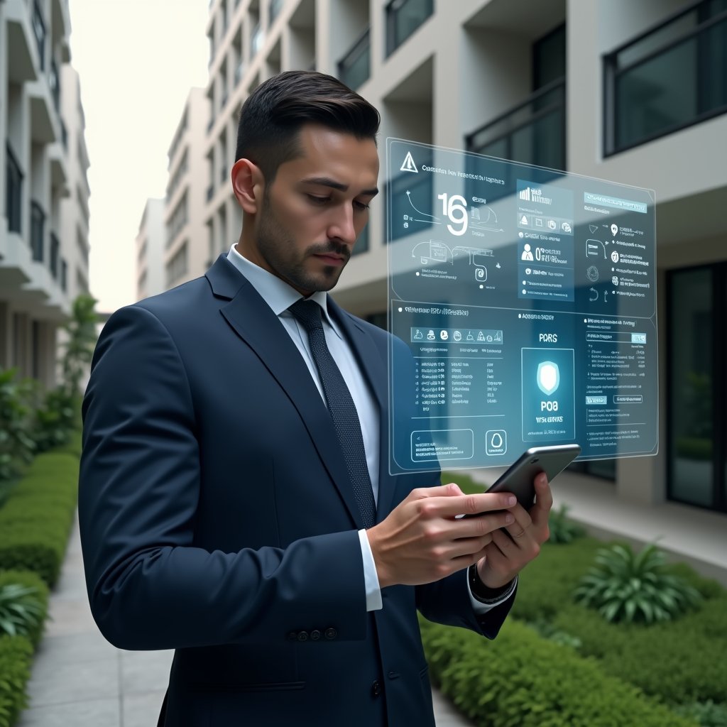 (Ultra-realistic condominium manager in a tailored navy suit, set in a modern luxury condominium environment with high-rise buildings and manicured green landscaping, studying a floating holographic interface of a condo management app with error warnings and security icons, confident and focused expression, cinematic lighting, shallow depth of field, highly detailed textures, realistic skin, photographic realism, 8k resolution --ar 1:1 --v 6)