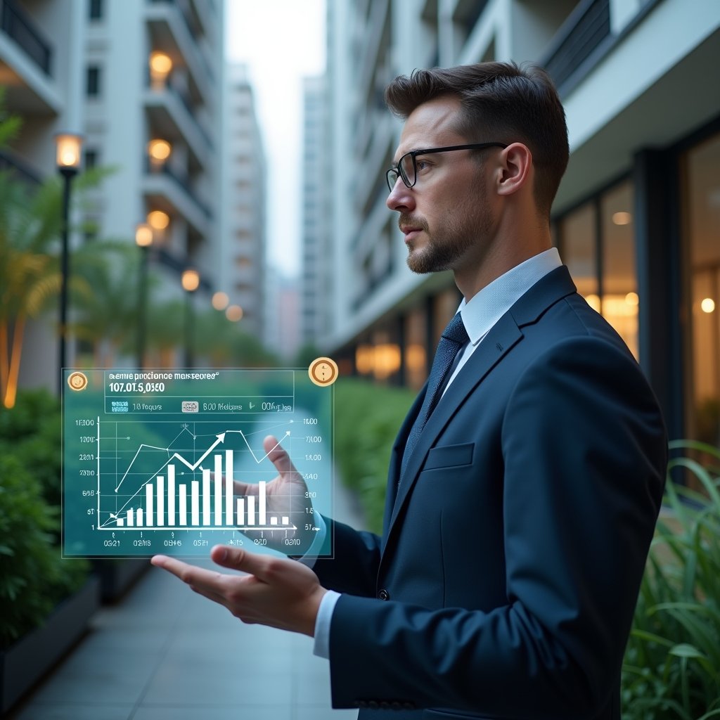 (Ultra-realistic condominium manager in a navy suit, set in a modern luxury condominium environment with high-rise buildings and well-kept green landscaping, analyzing a holographic financial chart projecting unexpected expense trends and reserve fund bars, floating icons of coins and calculator symbols, confident and focused expression, cinematic lighting, shallow depth of field, highly detailed textures, realistic skin, photographic realism, 8k resolution --ar 1:1 --v 6)