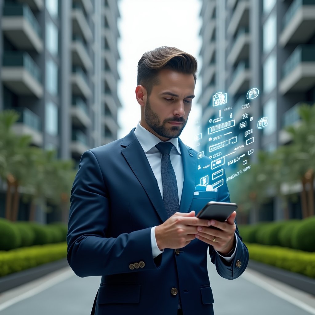 (Ultra-realistic condominium manager in a dark blue executive suit, set in a modern luxury condominium environment with high-rise buildings and manicured green landscaping, mid shot of the manager holding a smartphone displaying a holographic checklist of seven items labeled “errors,” analyzing the interface with a confident expression, floating warning icons and digital security padlock holograms around the device, cinematic lighting, shallow depth of field, highly detailed textures, realistic skin, photographic realism, 8k resolution --ar 1:1 --v 6)