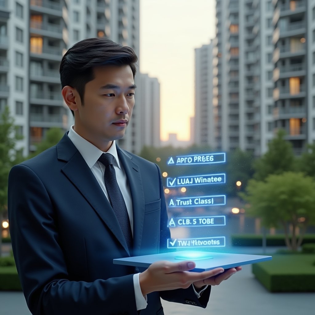 Ultra-realistic condominium manager in a tailored navy suit, set in a modern luxury condominium environment with high-rise buildings and manicured green spaces, holding a floating holographic checklist of five items while reviewing digital financial charts, confident and focused expression, cinematic lighting, shallow depth of field, highly detailed textures, realistic skin, photographic realism, 8k resolution --ar 1:1 --v 6