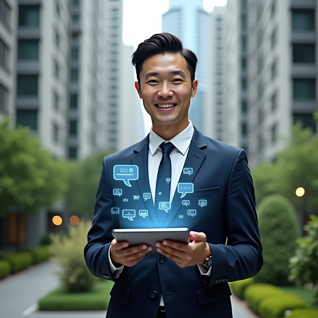 (Ultra-realistic condominium manager in a navy executive suit, set in a modern luxury condominium environment with high-rise buildings and lush green landscaping, holding a digital tablet displaying floating holographic chat bubbles and notification icons as they gesture to communicate with residents, confident and approachable expression, cinematic lighting, shallow depth of field, highly detailed textures, realistic skin, photographic realism, 8k resolution --ar 1:1 --v 6)