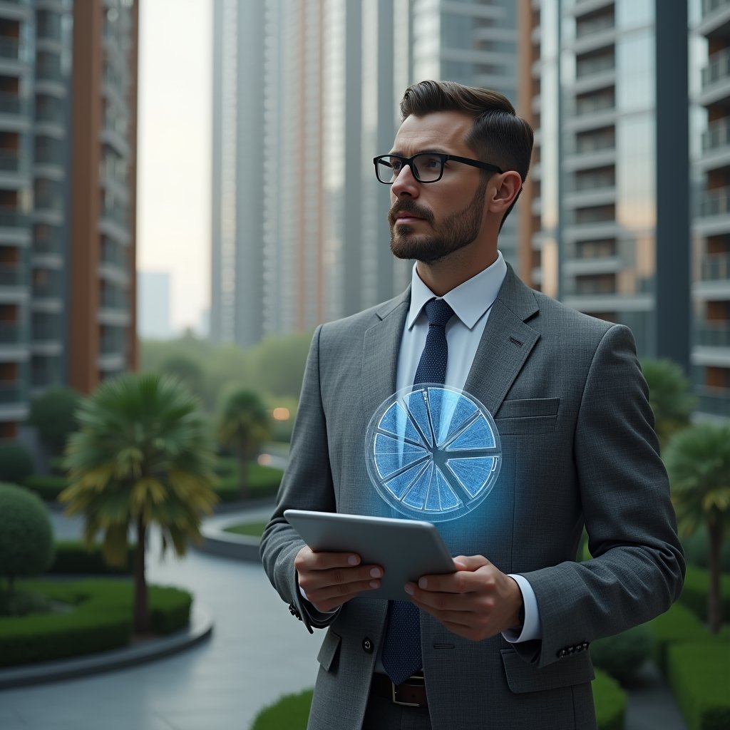 Ultra-realistic condominium manager in a tailored gray suit, set in a modern luxury condominium environment with high-rise buildings and meticulously landscaped greenery, holding a tablet displaying a holographic pie chart of ownership fractions, thoughtful and confident expression as they analyze financial data, cinematic lighting, shallow depth of field, highly detailed textures, realistic skin, photographic realism, 8k resolution --ar 1:1 --v 6
