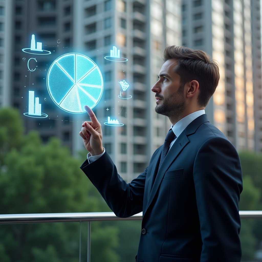 Ultra-realistic condominium manager in a dark navy suit, set in a modern luxury condominium environment with high-rise buildings and lush green landscaping, analyzing a floating holographic pie chart illustrating unit fractions, pointing at one sector with a confident, analytical expression, holographic icons of currency and building silhouettes orbiting the chart, cinematic lighting, shallow depth of field, highly detailed textures, realistic skin, photographic realism, 8k resolution --ar 1:1 --v 6