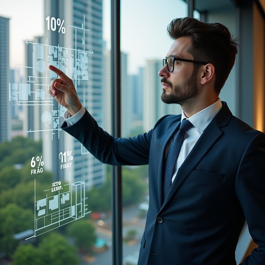 Ultra-realistic condominium manager in a tailored navy suit, set in a modern luxury condominium environment with high-rise buildings and lush green landscaping, analyzing and pointing at a holographic floor plan with percentage overlays, floating percentage icons symbolizing fração ideal, confident and focused expression, cinematic lighting, shallow depth of field, highly detailed textures, realistic skin, photographic realism, 8k resolution --ar 1:1 --v 6