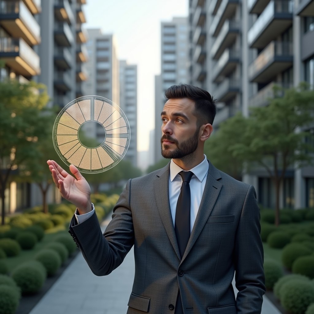 (Ultra-realistic property manager in a charcoal gray tailored suit, set in a modern luxury condominium environment with high-rise buildings and lush green landscaping, holding and pointing at a holographic pie chart representing fraction ideal calculations, thoughtful and confident expression, cinematic lighting, shallow depth of field, highly detailed textures, realistic skin, photographic realism, 8k resolution --ar 1:1 --v 6)