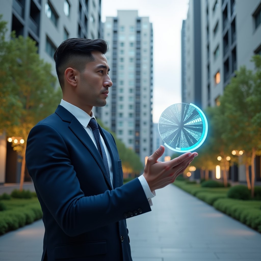 Ultra-realistic condominium manager in a navy blue tailored suit, set in a modern luxury condominium environment with high-rise buildings and manicured green landscaping, thoughtfully reviewing a holographic pie chart of fractional percentages floating before them, cinematic lighting, shallow depth of field, highly detailed textures, realistic skin, photographic realism, 8k resolution --ar 1:1 --v 6