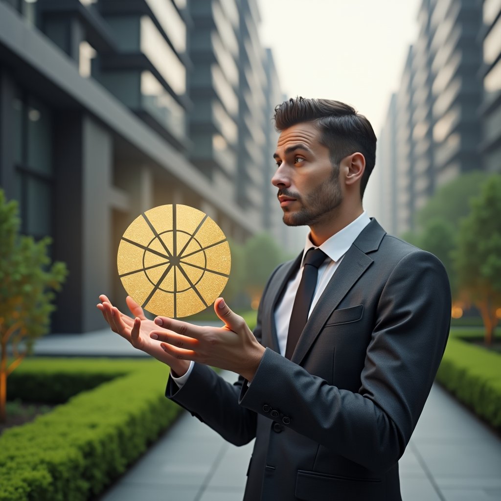 Ultra-realistic condominium manager in a charcoal gray executive suit, set in a modern luxury condominium environment with high-rise buildings and manicured green landscaping, examining a floating holographic pie chart of ideal fractions, confident and focused expression, symbolic golden fraction slices hovering beside, cinematic lighting, shallow depth of field, highly detailed textures, realistic skin, photographic realism, 8k resolution --ar 1:1 --v 6