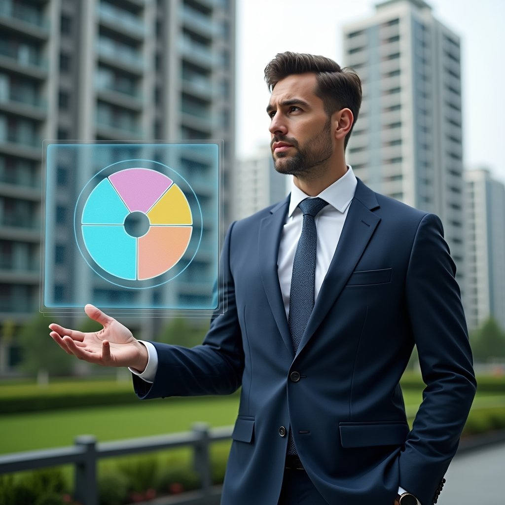 Ultra-realistic condominium manager in a tailored navy suit, set in a modern luxury condominium environment with high-rise buildings and manicured green landscaping, mid-shot of a confident professional analyzing a floating holographic pie chart representing unit share calculations, cinematic lighting, shallow depth of field, highly detailed textures, realistic skin, photographic realism, 8k resolution --ar 1:1 --v 6
