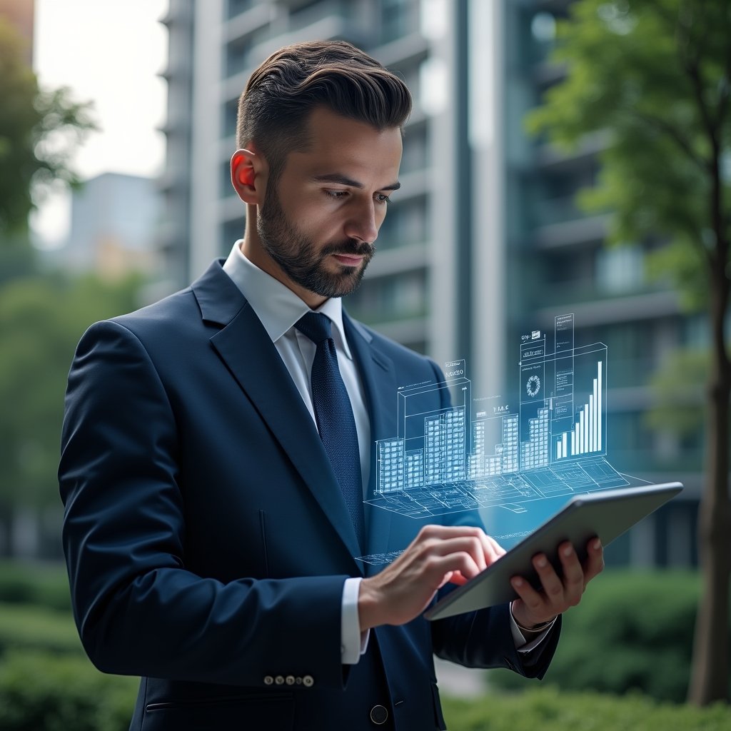 Ultra-realistic condominium manager in a navy executive suit, set in a modern luxury condominium environment with high-rise buildings and lush green landscaping, thoughtfully examining a holographic fractional ownership chart projected from a sleek tablet, subtle icons of percentages and floor plans floating around, cinematic lighting, shallow depth of field, highly detailed textures, realistic skin, photographic realism, 8k resolution --ar 1:1 --v 6