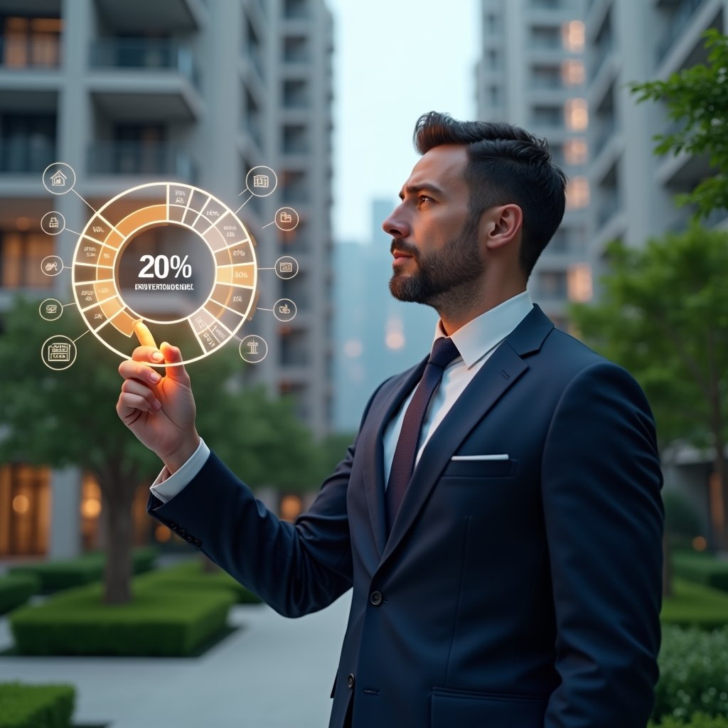 (Ultra-realistic condominium manager in a tailored navy suit, set in a modern luxury condominium environment with high-rise buildings and manicured green landscaping, mid-shot close-up; the manager is confidently pointing at a floating holographic pie chart displaying fractional ownership percentages, glowing data lines and icons representing expense shares, cinematic lighting, shallow depth of field, highly detailed textures, realistic skin, photographic realism, 8k resolution --ar 1:1 --v 6)