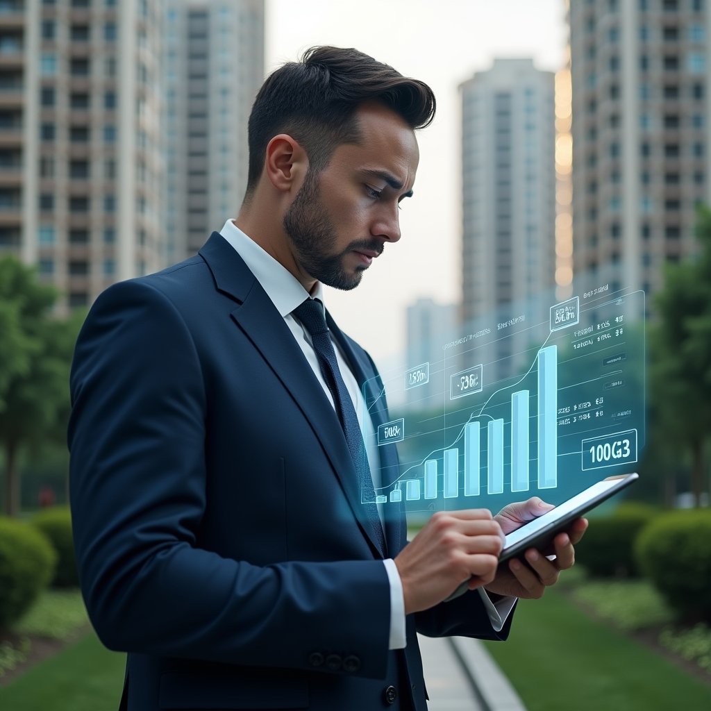 (Ultra-realistic condominium manager in a navy executive suit, set in a modern luxury condominium environment with high-rise buildings and meticulously landscaped greenery, reviewing a holographic budget chart projected from a tablet with a focused and confident expression, floating 3D expense graphs and approval icons symbolizing transparent cost control, cinematic lighting, shallow depth of field, highly detailed textures, realistic skin, photographic realism, 8k resolution --ar 1:1 --v 6)
