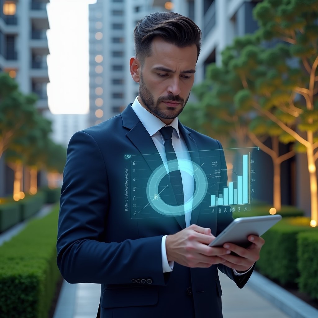 Ultra-realistic condominium manager in a navy blue tailored suit, set in a modern luxury condominium environment with high-rise buildings and lush green landscaping, holding a digital tablet projecting a holographic pie chart representing unit fractions, analyzing data with a confident, focused expression, cinematic lighting, shallow depth of field, highly detailed textures, realistic skin, photographic realism, 8k resolution --ar 1:1 --v 6