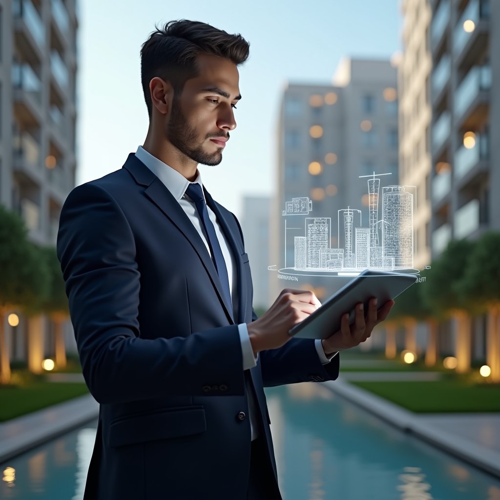 Ultra-realistic condominium manager in a tailored navy suit, set in a modern luxury condominium environment with high-rise buildings and manicured green landscaping, mid-shot reviewing a digital tablet displaying floating holographic charts and building icons, confident expression, cinematic lighting, shallow depth of field, highly detailed textures, realistic skin, photographic realism, 8k resolution --ar 1:1 --v 6