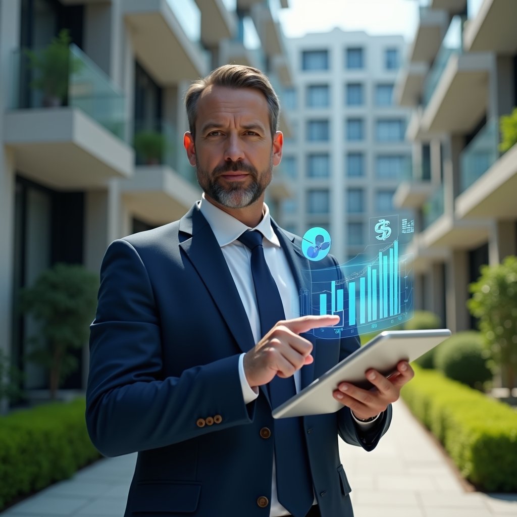 (Ultra-realistic property manager in a navy executive suit, set in a modern luxury condominium environment with high-rise buildings and manicured green landscaping, medium shot of the manager holding a tablet displaying a holographic expense chart and pointing at a floating 3D bar graph, with additional holographic currency icons and a pie chart hovering nearby, cinematic lighting, shallow depth of field, highly detailed textures, realistic skin, photographic realism, 8k resolution --ar 1:1 --v 6)