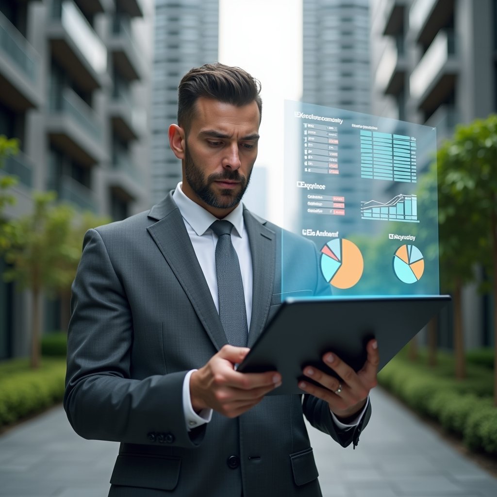 (Ultra-realistic condominium manager in a charcoal gray executive suit, set in a modern luxury condominium environment with high-rise buildings and manicured green landscaping, reviewing a floating holographic financial report showing pie charts and expense approvals, confident and focused expression, symbolizing transparent budgeting and extraordinary expense management, cinematic lighting, shallow depth of field, highly detailed textures, realistic skin, photographic realism, 8k resolution --ar 1:1 --v 6)