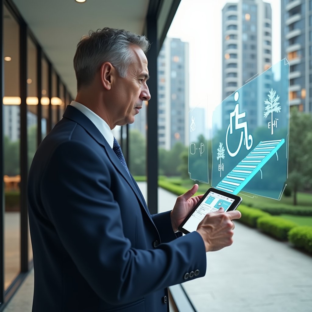 Ultra-realistic condominium manager in a navy executive suit, set in a modern luxury condominium environment with high-rise buildings and manicured green landscaping, holding a tablet and pointing at a holographic wheelchair ramp and Braille signage display, conveying confidence and care, cinematic lighting, shallow depth of field, highly detailed textures, realistic skin, photographic realism, 8k resolution --ar 1:1 --v 6