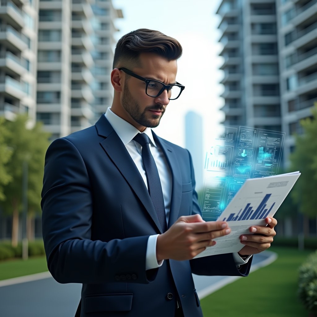 (Ultra-realistic condominium manager in a navy suit, set in a modern luxury condominium environment with high-rise buildings and manicured green gardens, holding a transparent holographic financial report with pie charts and bar graphs, studying data with a confident, focused expression, cinematic lighting, shallow depth of field, highly detailed textures, realistic skin, photographic realism, 8k resolution --ar 1:1 --v 6)