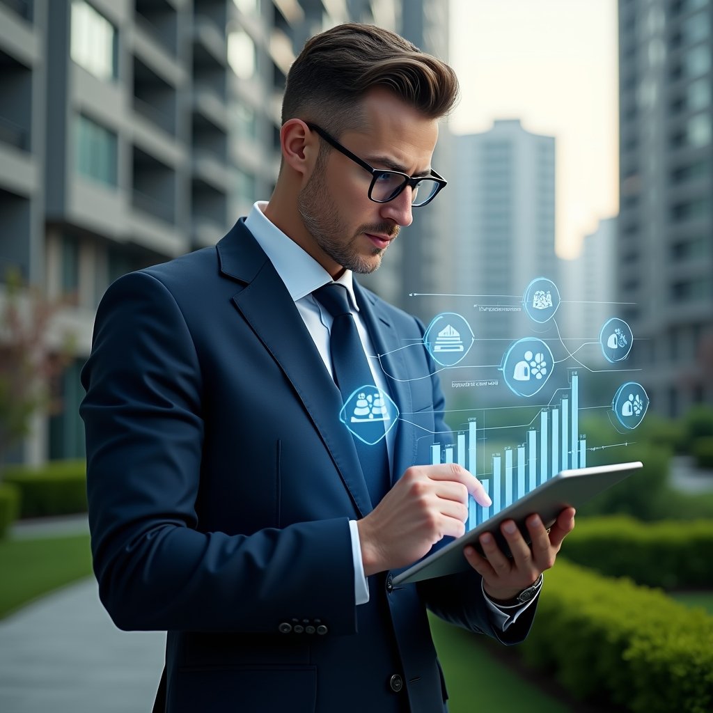 (Ultra-realistic condominium manager in a tailored navy suit, set in a modern luxury condominium environment with high-rise buildings and manicured green landscaping, confidently holding a digital tablet displaying holographic financial charts and calendar icons, thoughtfully analyzing budget projections, surrounded by translucent symbols of an assembly gavel and community group, cinematic lighting, shallow depth of field, highly detailed textures, realistic skin, photographic realism, 8k resolution --ar 1:1 --v 6)