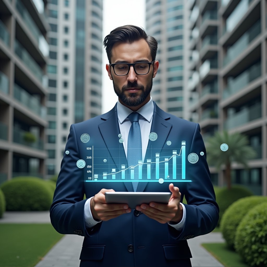 Ultra-realistic condominium manager in a navy blue suit, set in a modern luxury condominium environment with high-rise buildings and lush green landscaping, analyzing a holographic budget chart with floating bar graphs and coin icons, holding a tablet, looking confident and focused, cinematic lighting, shallow depth of field, highly detailed textures, realistic skin, photographic realism, 8k resolution --ar 1:1 --v 6