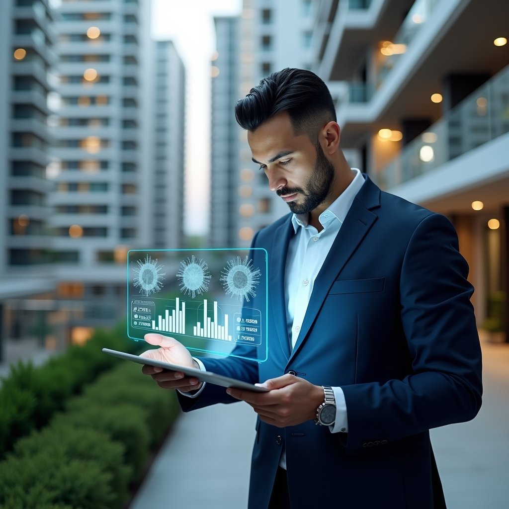 Ultra-realistic condominium manager in a navy blue suit, set in a modern luxury condominium environment with high-rise buildings and manicured green landscaping, reviewing holographic financial charts projected above a tablet, floating transparent pie charts and bar graphs symbolizing clear accounting, confident and focused expression, cinematic lighting, shallow depth of field, highly detailed textures, realistic skin, photographic realism, 8k resolution --ar 1:1 --v 6