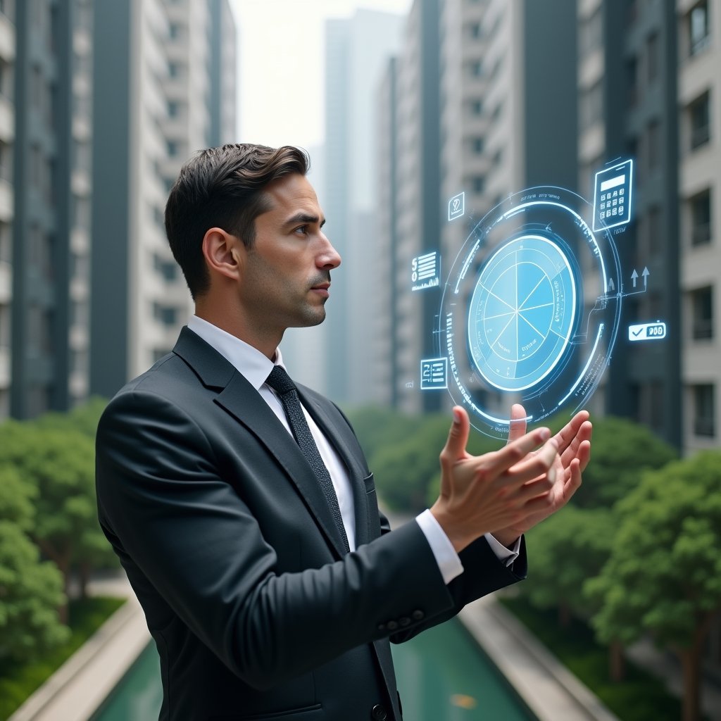 (Ultra-realistic condominium manager in a dark gray executive suit, set in a modern luxury condominium environment with high-rise buildings and well-manicured green landscaping, analyzing a floating holographic pie chart representing ideal fraction percentages, with translucent calculator and document icons orbiting around, thoughtful and confident expression, cinematic lighting, shallow depth of field, highly detailed textures, realistic skin, photographic realism, 8k resolution --ar 1:1 --v 6)