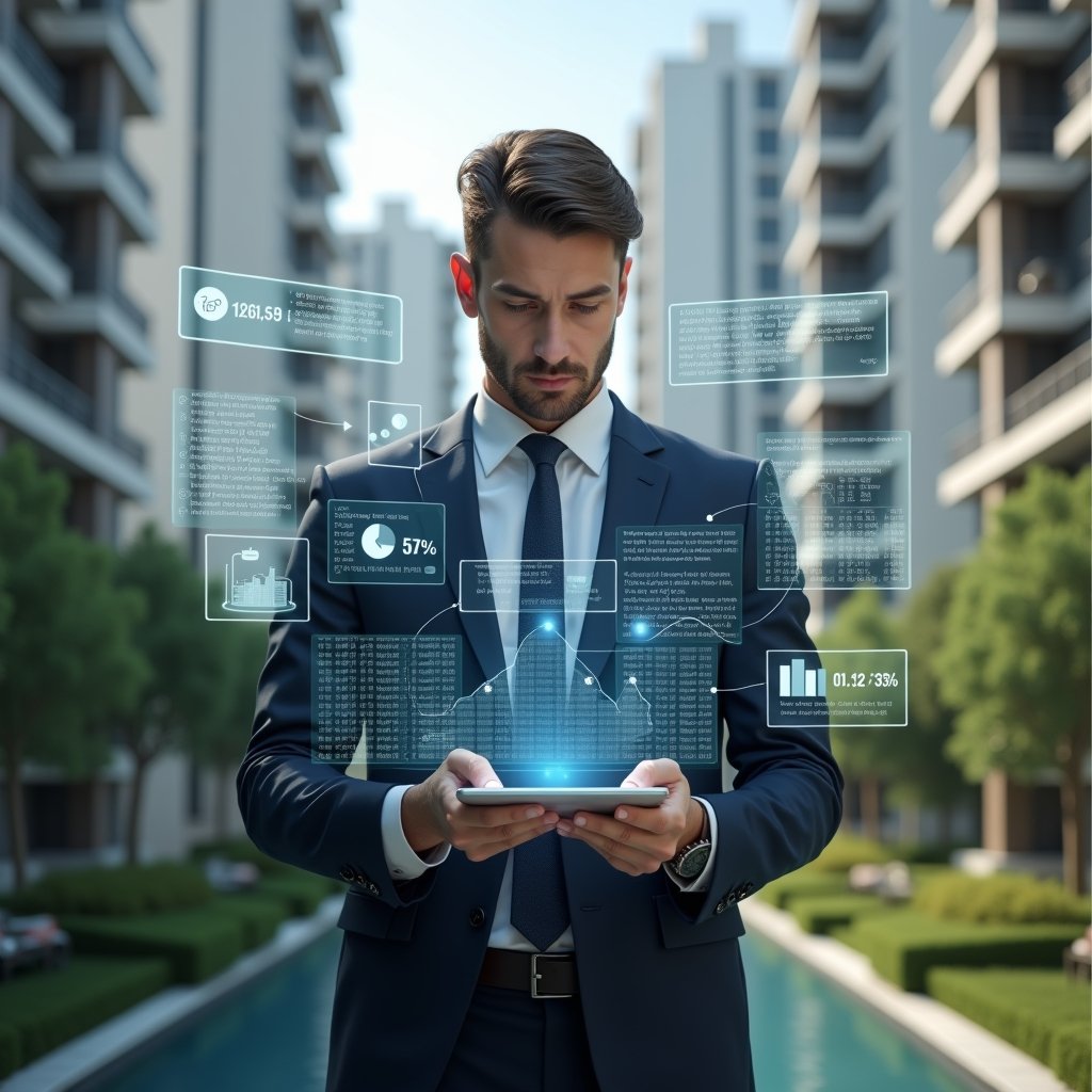 (Ultra-realistic condominium manager in a tailored navy suit, set in a modern luxury condominium environment with high-rise buildings and lush green landscaping, reviewing holographic financial charts and floating expense ledgers with a confident, focused expression, digital icons of currency and pie charts orbiting around, cinematic lighting, shallow depth of field, highly detailed textures, realistic skin, photographic realism, 8k resolution --ar 1:1 --v 6)