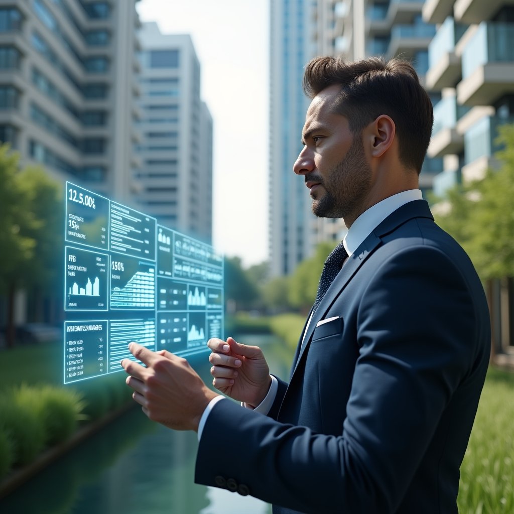 (Ultra-realistic condominium manager in a tailored navy suit, set in a modern luxury condominium environment with high-rise buildings and lush green landscaping, analyzing holographic performance metrics charts floating before them, a translucent KPI dashboard projection showing bar graphs and percentages, confident and focused expression, cinematic lighting, shallow depth of field, highly detailed textures, realistic skin, photographic realism, 8k resolution --ar 1:1 --v 6)