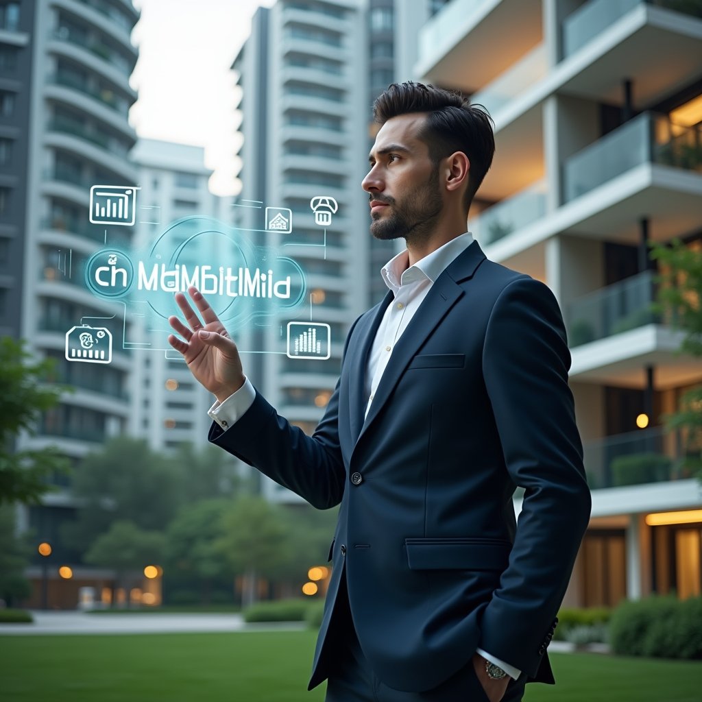 (Ultra-realistic condominium manager in a navy blue tailored suit, set in a modern luxury condominium environment with high-rise buildings and lush green landscaping, holding a transparent holographic interface displaying graphs and app icons, confidently tapping on a floating “management” dashboard, futuristic smart home symbols floating around, cinematic lighting, shallow depth of field, highly detailed textures, realistic skin, photographic realism, 8k resolution --ar 1:1 --v 6)