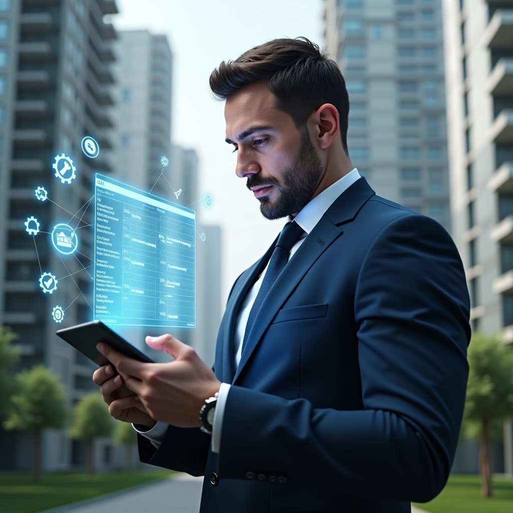 Ultra-realistic property manager in a navy blue executive suit, set in a modern luxury condominium environment with high-rise buildings and green landscaping, examining a holographic maintenance schedule projected from a tablet, holographic icons of gears, a wrench, and a calendar floating around, focused and confident expression, cinematic lighting, shallow depth of field, highly detailed textures, realistic skin, photographic realism, 8k resolution --ar 1:1 --v 6