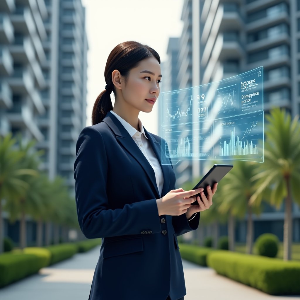 Ultra-realistic female property manager in a navy blue executive suit, set in a modern luxury condominium environment with high-rise buildings and manicured green landscaping, medium shot, holding a tablet and interacting with holographic condominium blueprints and data analytics graphs floating in mid-air, confident and forward-looking expression, cinematic lighting, shallow depth of field, highly detailed textures, realistic skin, photographic realism, 8k resolution --ar 1:1 --v 6