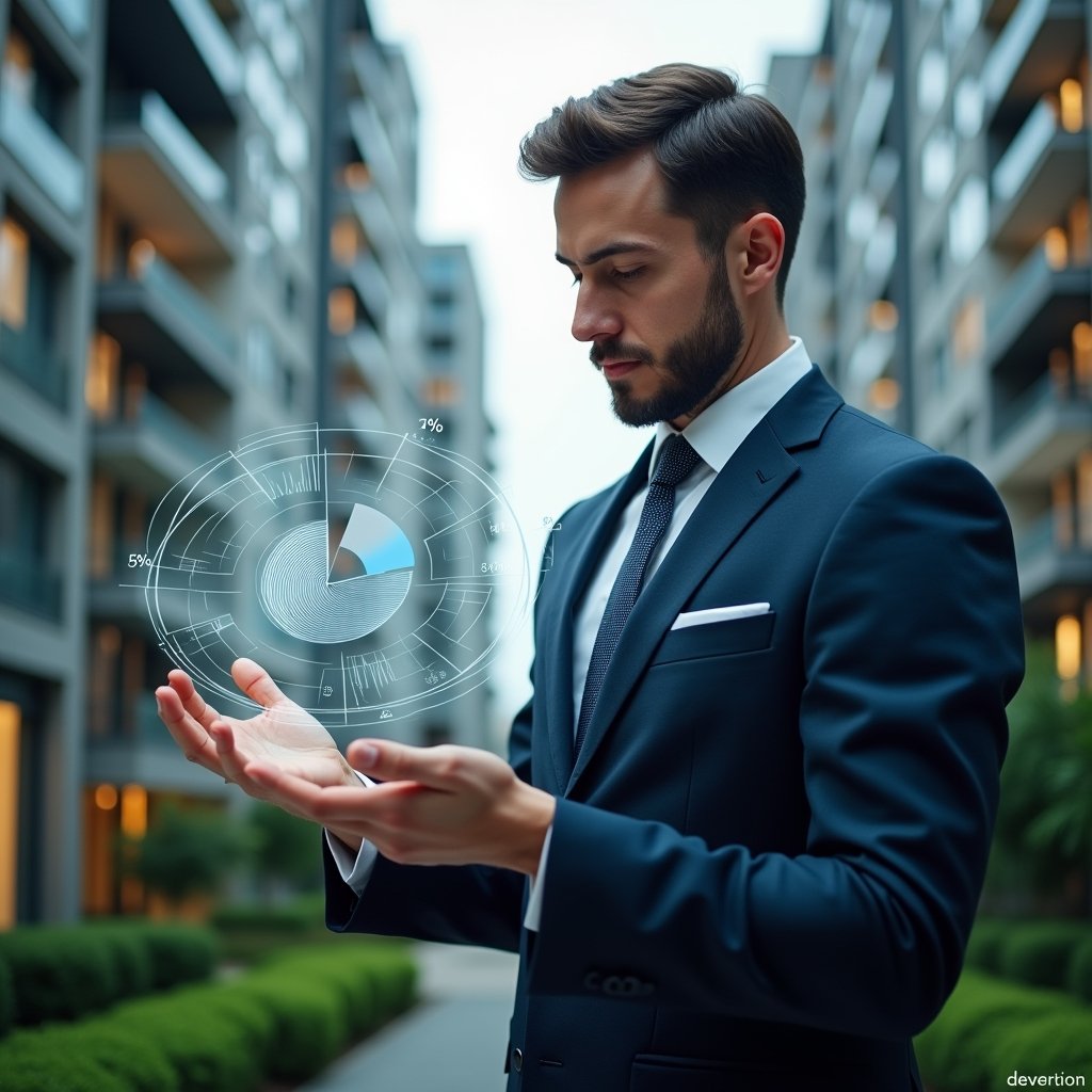 (Ultra-realistic condominium manager in a tailored navy suit, set in a modern luxury condominium environment with high-rise buildings and lush green landscaping, examining a holographic fractional ideal pie chart projected in front of him, floating milésimos and percentage icons around his hands, confident and thoughtful expression, cinematic lighting, shallow depth of field, highly detailed textures, realistic skin, photographic realism, 8k resolution --ar 1:1 --v 6)