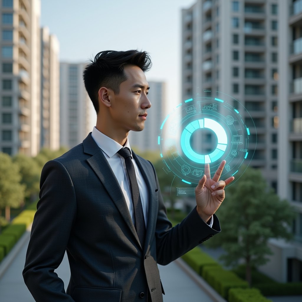 (Ultra-realistic condominium manager in a tailored dark gray suit, set in a modern luxury condominium environment with high-rise buildings and manicured greenery, confidently reviewing a holographic financial report and pointing at a floating pie chart icon symbolizing transparent accounts, cinematic lighting, shallow depth of field, highly detailed textures, realistic skin, photographic realism, 8k resolution --ar 1:1 --v 6)
