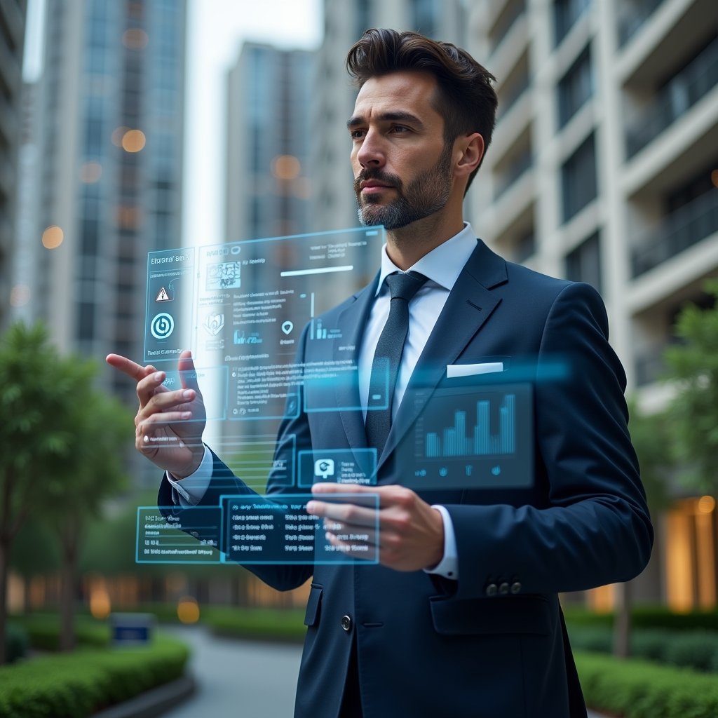 (Ultra-realistic condominium manager in a navy executive suit, set in a modern luxury condominium environment with high-rise buildings and manicured green landscaping, medium shot of the manager interacting with a holographic financial dashboard showing real-time expense charts, alert icons and integration symbols, focused and confident expression, cinematic lighting, shallow depth of field, highly detailed textures, realistic skin, photographic realism, 8k resolution --ar 1:1 --v 6)