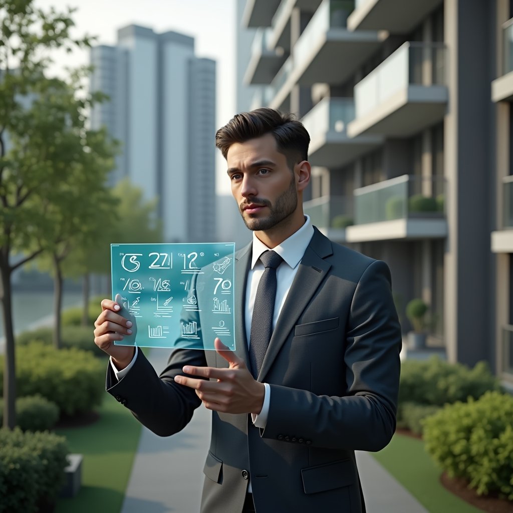 Ultra-realistic condominium manager in a charcoal gray tailored suit, set in a modern luxury condominium environment with high-rise buildings and manicured green gardens, standing in a medium shot with a confident, thoughtful expression as they examine a holographic budget chart displaying expense icons and question marks, cinematic lighting, shallow depth of field, highly detailed textures, realistic skin, photographic realism, 8k resolution --ar 1:1 --v 6