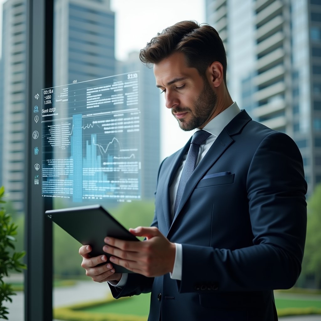 (Ultra-realistic condominium manager in a tailored navy suit, set in a modern luxury condominium environment with high-rise buildings and lush green landscaping, examining holographic financial charts projected from a tablet with a focused, confident expression, floating balance sheet icons and digital graphs surrounding them, cinematic lighting, shallow depth of field, highly detailed textures, realistic skin, photographic realism, 8k resolution --ar 1:1 --v 6)