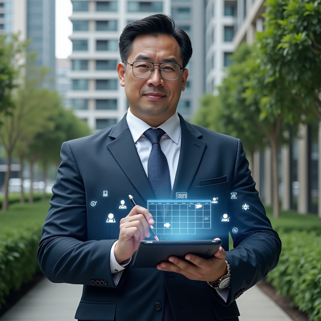 (Ultra-realistic condominium property manager in a tailored dark blue suit, set in a modern luxury condominium environment with high-rise buildings and lush green landscaping, holding a holographic weekly schedule calendar and stylus as floating icons of maintenance, meetings and billing orbit around, confident and focused expression, cinematic lighting, shallow depth of field, highly detailed textures, realistic skin, photographic realism, 8k resolution --ar 1:1 --v 6)