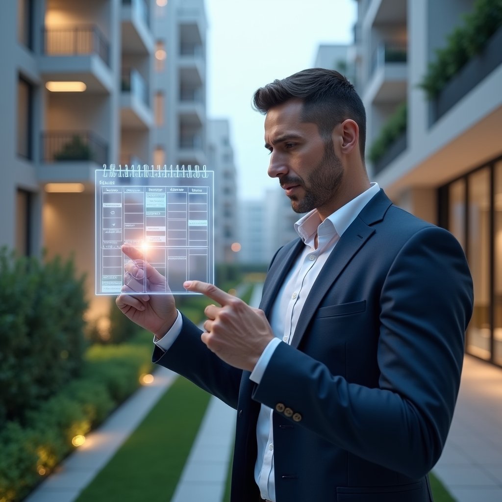 (Ultra-realistic property manager in a navy suit, set in a modern luxury condominium environment with high-rise buildings and manicured green landscaping, pointing at a translucent holographic calendar displaying scheduled tasks and deadlines, focused and confident expression, cinematic lighting, shallow depth of field, highly detailed textures, realistic skin, photographic realism, 8k resolution --ar 1:1 --v 6)