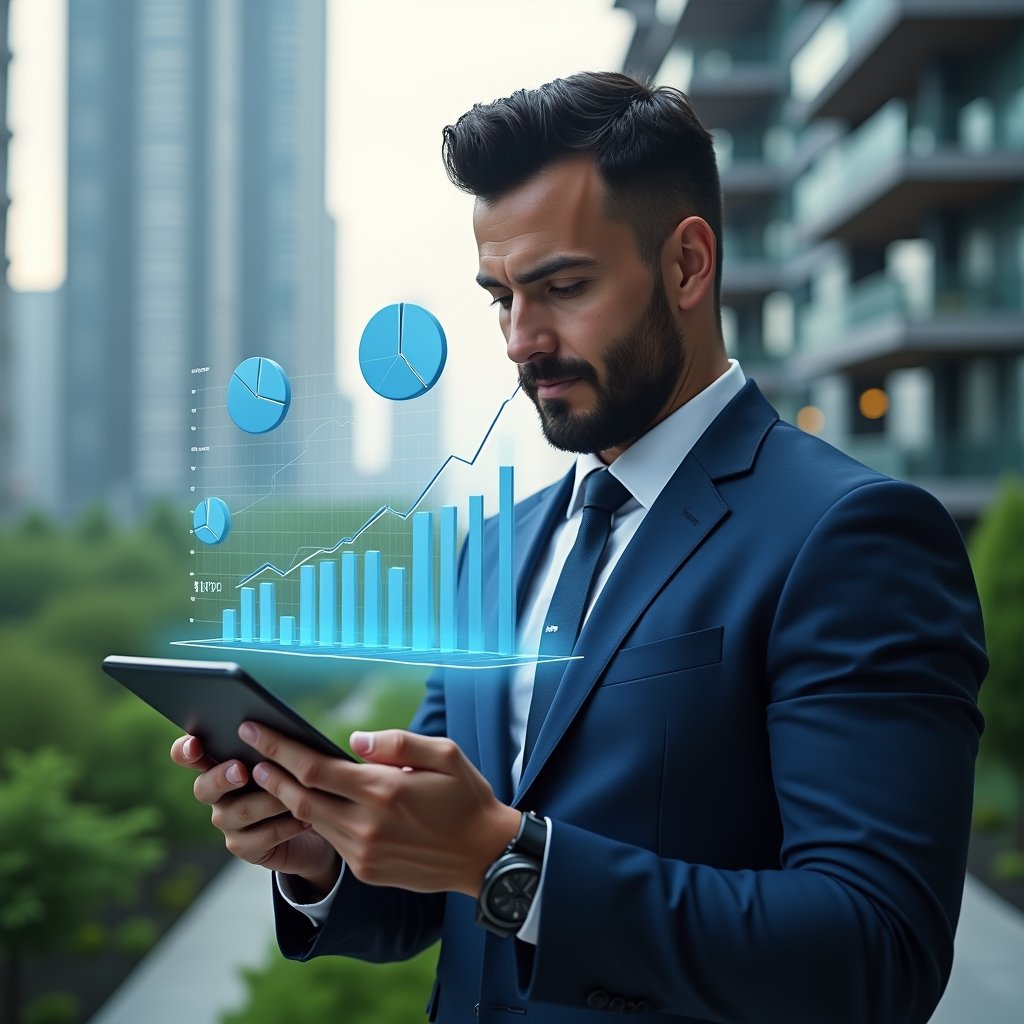 Ultra-realistic condominium financial manager in a navy blue tailored suit, set in a modern luxury condominium environment with high-rise buildings and lush green landscaping, examining a holographic 3D financial chart projected from a tablet, thoughtful expression as floating pie charts and expense projections hover around, cinematic lighting, shallow depth of field, highly detailed textures, realistic skin, photographic realism, 8k resolution --ar 1:1 --v 6