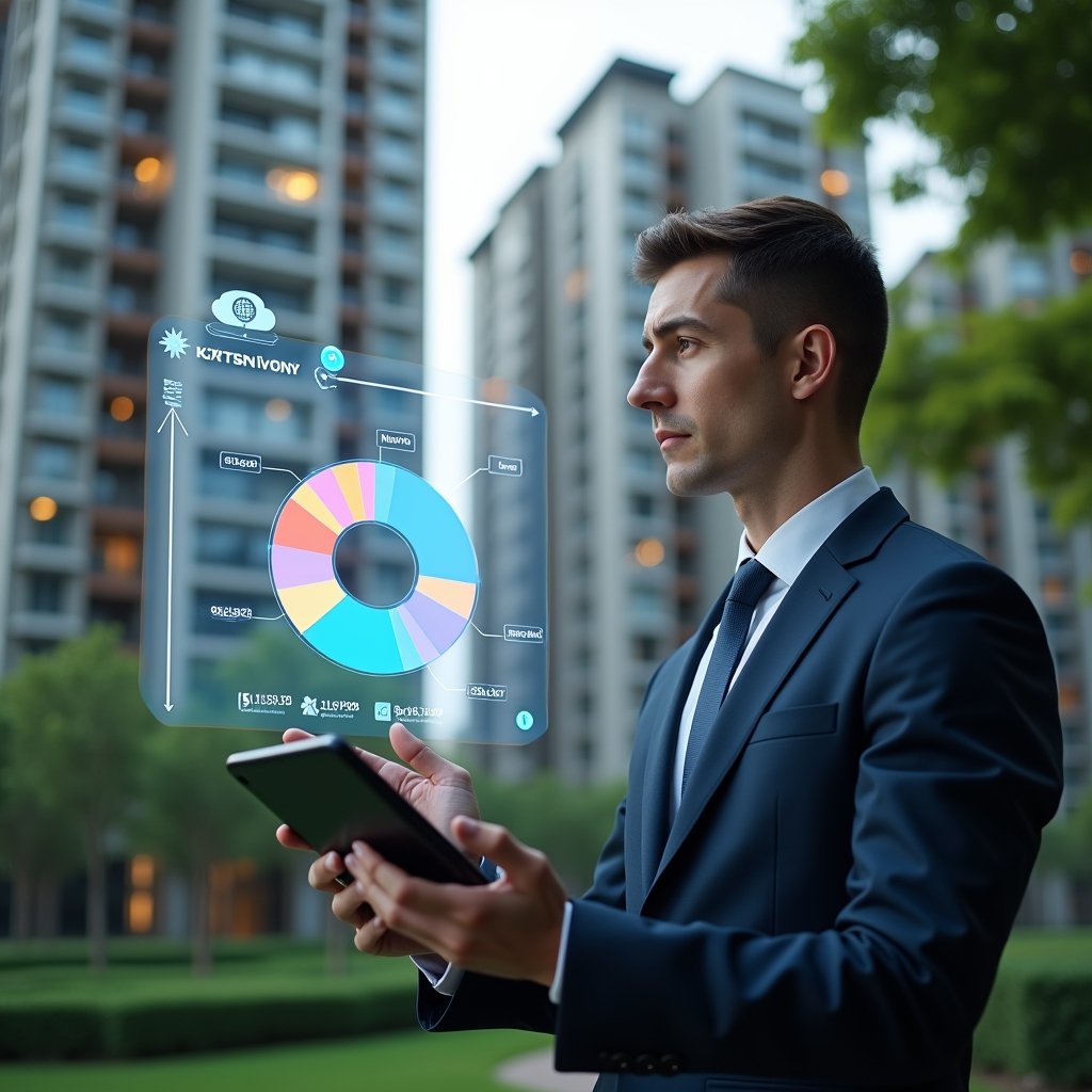 Ultra-realistic condominium manager in a navy suit, set in a modern luxury condominium environment with high-rise buildings and lush green landscaping, examining a holographic pie chart displaying unit fractions and cost segments, holding a tablet with floating financial icons, thoughtful expression, cinematic lighting, shallow depth of field, highly detailed textures, realistic skin, photographic realism, 8k resolution --ar 1:1 --v 6