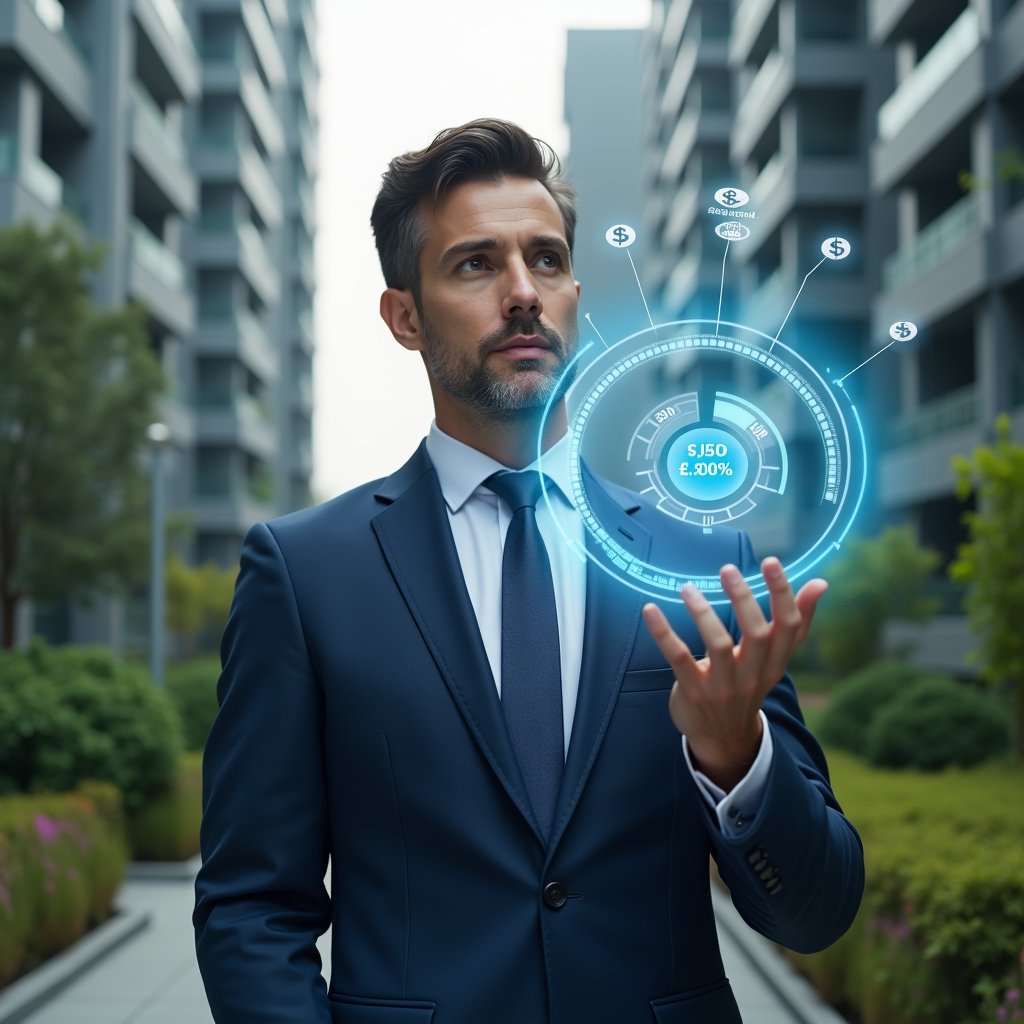 (Ultra-realistic condominium manager in a navy executive suit, set in a modern luxury condominium environment with high-rise buildings and lush green landscaping, interacting with a holographic pie chart illustrating expense distribution, holographic icons of currency symbols and fractional percentages floating around, confident and analytical expression, cinematic lighting, shallow depth of field, highly detailed textures, realistic skin, photographic realism, 8k resolution --ar 1:1 --v 6)