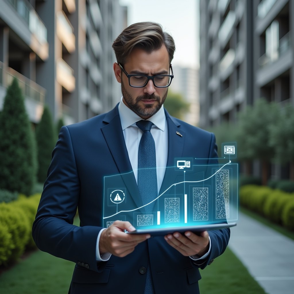 (Ultra-realistic condominium manager in a dark blue executive suit, set in a modern luxury condominium environment with high-rise buildings and manicured green landscaping, holding a transparent holographic financial report and examining rising expense graphs with a thoughtful expression, holographic icons of tools and warning symbols floating beside him, cinematic lighting, shallow depth of field, highly detailed textures, realistic skin, photographic realism, 8k resolution --ar 1:1 --v 6)